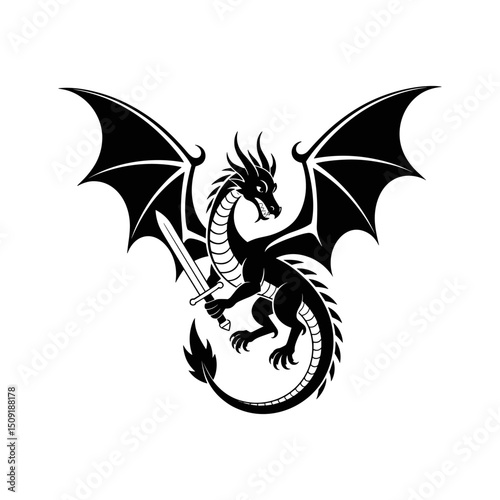 Mythical Guardian: A majestic dragon, wings spread, holds a gleaming sword in a striking depiction, embodying ancient lore and fantasy. 
