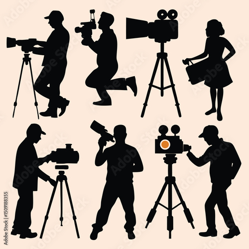 Silhouetted filmmakers and equipment depicting production in black and beige tones