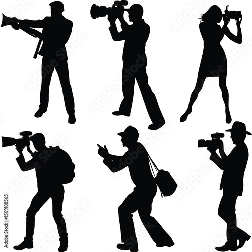 Silhouetted photographers and cameramen in various poses capturing scenes with different equipment