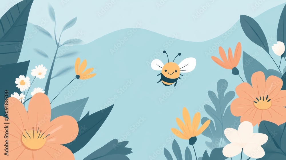 Fototapeta premium The background features cute bee cartoons and flowers, potentially for use in educational materials as a children's illustration