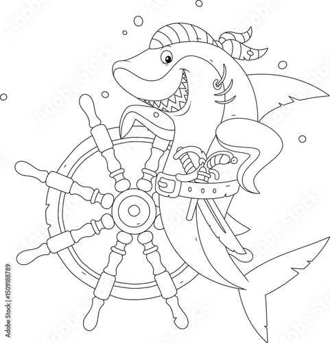 Funny great white shark pirate with a bandana of a sea robber, a sharp saber, a pistol and an old wooden steering wheel from a sunken sailing ship, black and white vector cartoon illustration