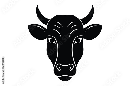 Cow head outline vector in silhouette style | clean drawing of bovine face in black