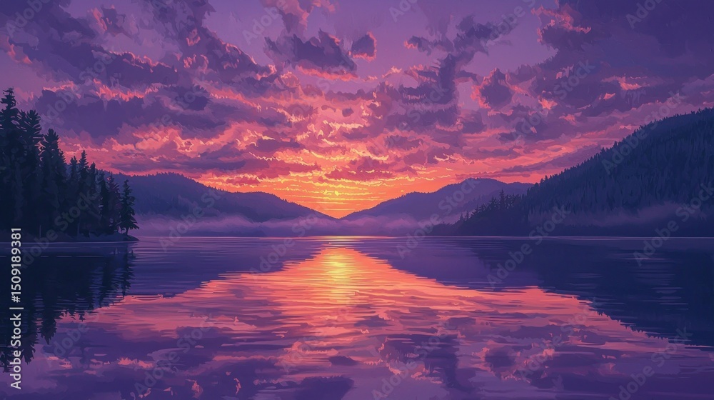 Fototapeta premium A tranquil lake scene at sunset with a mirrored reflection.