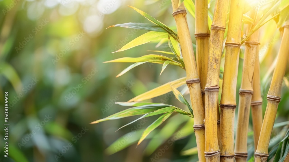Obraz premium Golden bamboo stalks and leaves in sunlight.