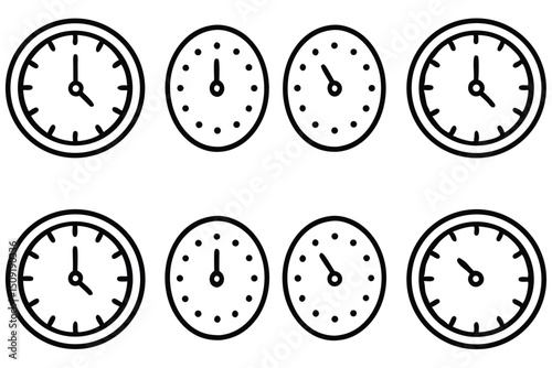 Minimalist collection of eight black and white time clocks showing different time points