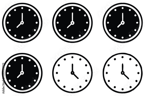 Simple black and white clock icons illustrating different times and punctuality concepts