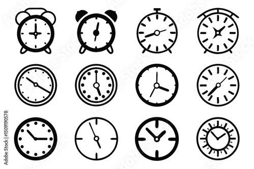 Twelve black and white clock icons representing different time concepts and designs