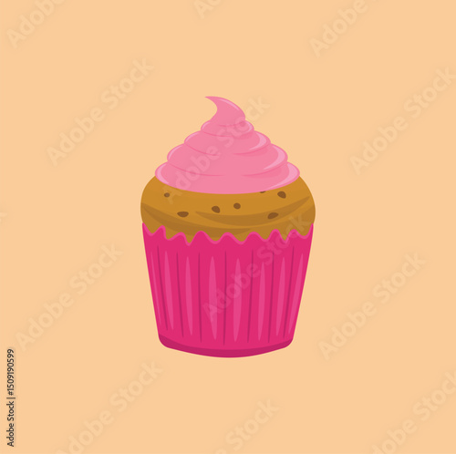 Vector illustration of food in the form of a chocolate cupcake with strawberry cream topping