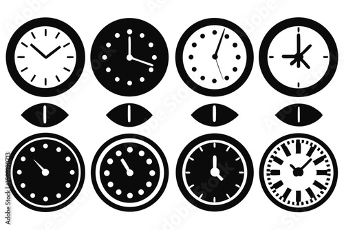 Set of eight stylish black and white clocks illustrating different times and concepts
