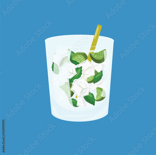 vector illustration of iced drink with lemon or lime slices and mint leaves, for summer