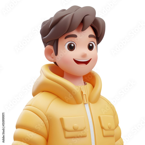 Cheerful Cartoon Character: A Stylish Young Boy in a Yellow Hoodie, Radiating Happiness and Positive Vibes in a Trendy, Modern Design