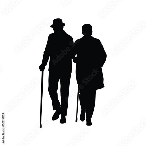 Silhouette Of Two Elderly People Walking Together Silhouette Vector Art Illustration