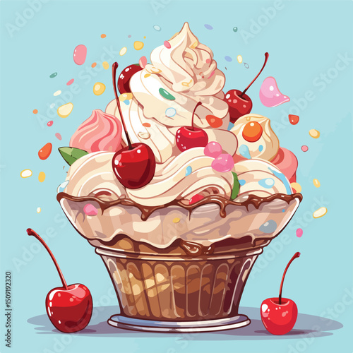 Colorful Cartoon Ice Cream Sundae Vector Illustration for Sweet Treat Designs