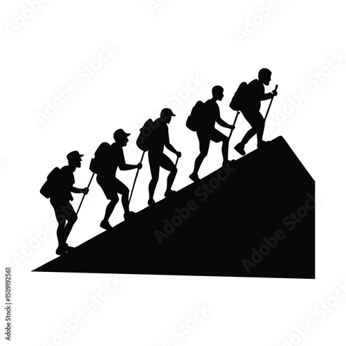 Team Of Hikers Climbing Hill Outdoor Adventure Silhouette Vector Art Illustration