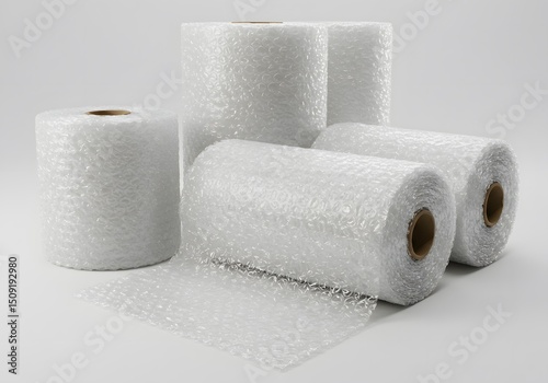 Rolled-up sheets of clear bubble wrap