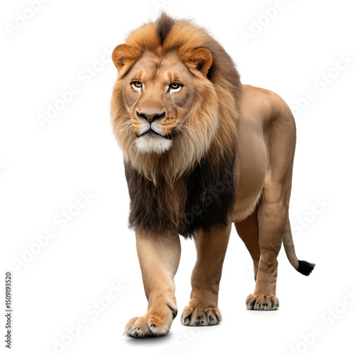 Majestic male lion with a powerful mane, a wild feline predator, isolated on a clean white background, a portrait of nature's king photo