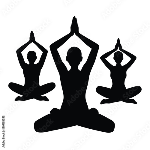 Yoga Class Group Pose Mindful Relaxation Silhouette Vector Art Illustration