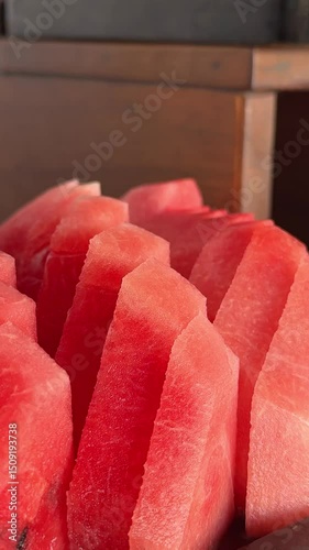 Slices of fresh watermelon on the rustic wooden table. High quality 4k footage