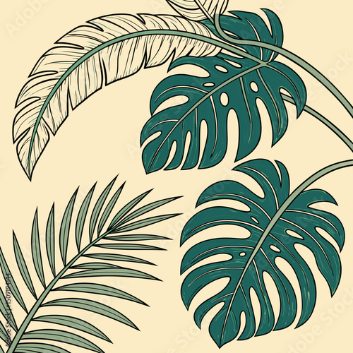 Set of tropical leaves and palm fronds vector illustration.