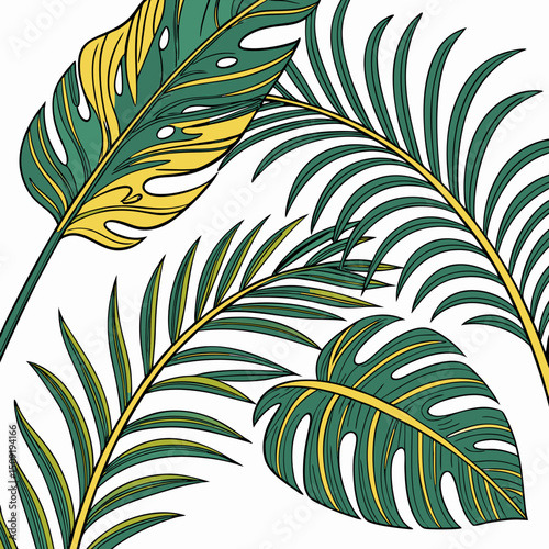 Set of tropical leaves and palm fronds vector illustration.