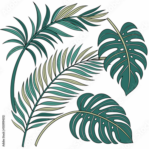 Set of tropical leaves and palm fronds vector illustration.