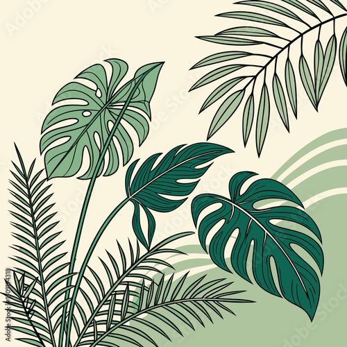 Set of tropical leaves and palm fronds vector illustration.