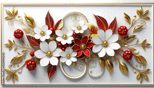 White and Gold Floral Designs with Red Accents