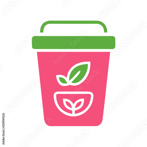 Compost bin icon with green lid and plant symbols for gardening  