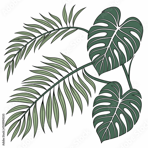 Set of tropical leaves and palm fronds vector illustration.