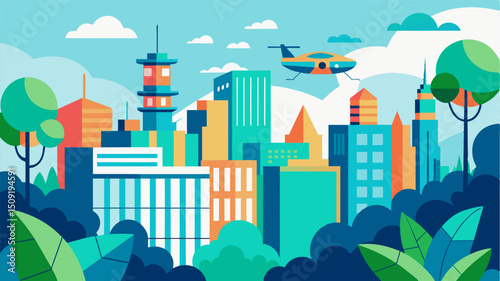A bustling cityscape intertwined with lush greenery with air taxis darting between buildings and tree branches.. Vector illustration