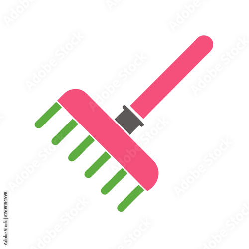 Garden rake icon with pink handle and green tines - Concept of garden, farm  