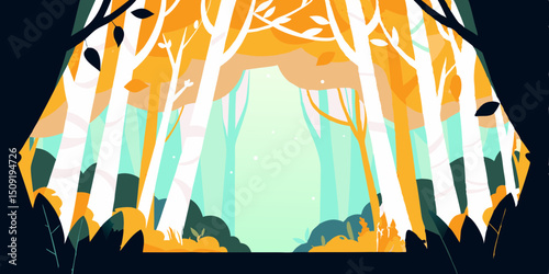 Abstract Forest Illustration with Trees Leaves and a Light Green Clearing