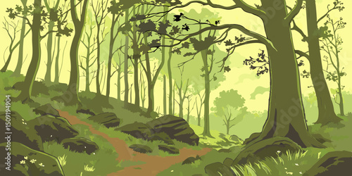 Tranquil Forest Illustration with a Winding Path and Lush Greenery