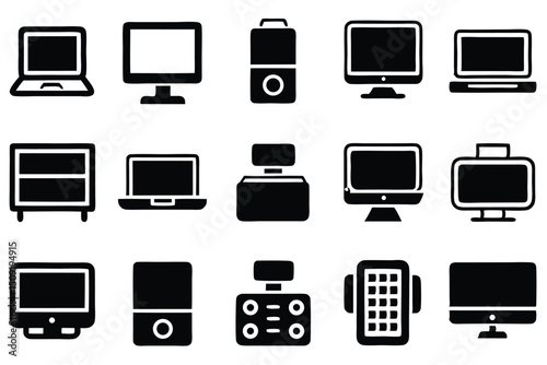 Collection of modern technological devices simple black and white vector icon set