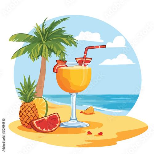 Tropical Beach Scene with Refreshing Summer Drinks and Cocktails for Beach Party Concept