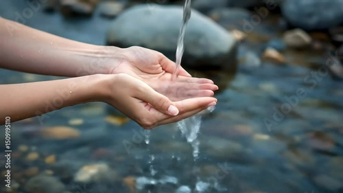 Gentle hands collecting fresh water flowing like a fountain in a tranquil mountain stream soft focus