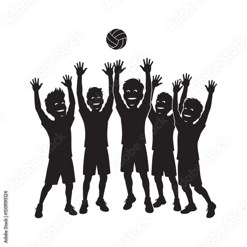 Silhouette of children playing volleyball cheering together in joy and excitement during a game