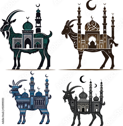 Muslim Family Celebrating Eid al-Adha with Goat and Mosque Background – Vector Illustration