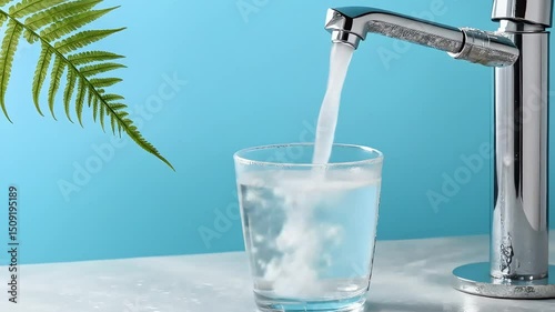 Refreshing water fills a glass with nature s touch beside set on light blue background bright studio