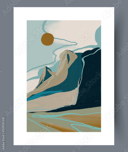 An Abstract Mountain Landscape with Sun Illustration that embodies a contemporary artistic style