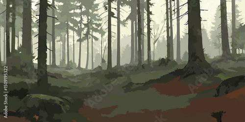 Misty Forest Illustration with Tall Trees and Green Undergrowth