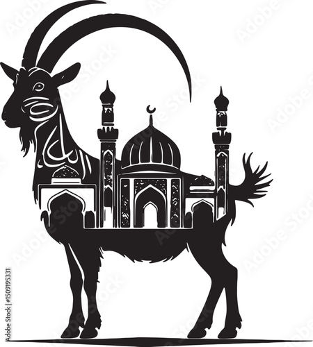 Muslim Family Celebrating Eid al-Adha with Goat and Mosque Background – Vector Illustration