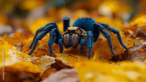 Vibrant blue tarantula on autumn leaves. photo