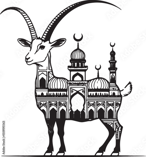 Muslim Family Celebrating Eid al-Adha with Goat and Mosque Background – Vector Illustration