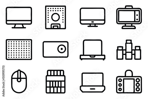 Simple black line art icons representing electronic devices and computer technology