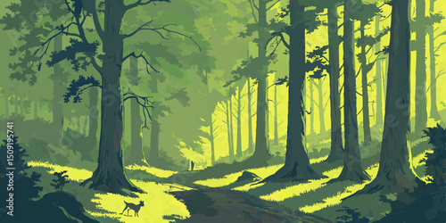 Stylized Forest Scene with Deer and Figure in the Distance