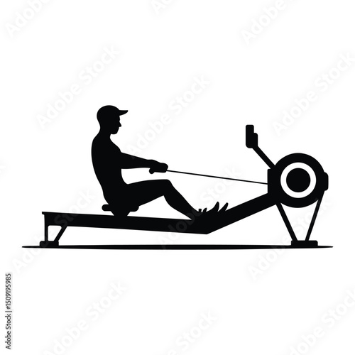 Gym Equipment Vector – Rowing Machine Silhouette with White Backdrop.