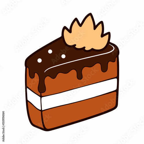 Chocolate cake with icing and shavings icon on white background.