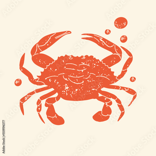Woodcut crab illustration. Hand-carved style marine animal with vintage texture and bold engraving lines. Perfect for seafood menus, nautical themes, retro packaging