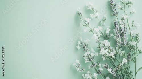 Delicate bouquet of white and lavender flowers on a mint green background.